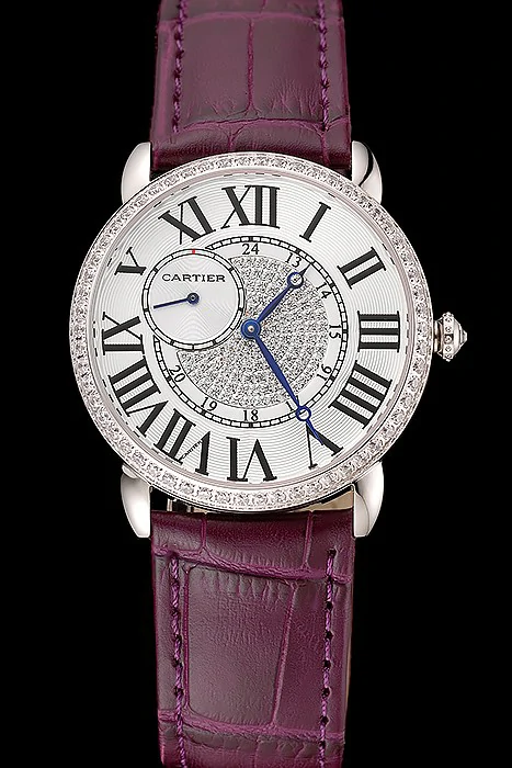 Cartier Ronde Louis Silver Diamond Case White Dial Purple Leather Bracelet new124461